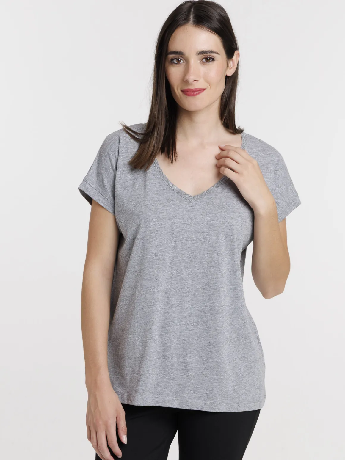 T-shirt col V strass femme