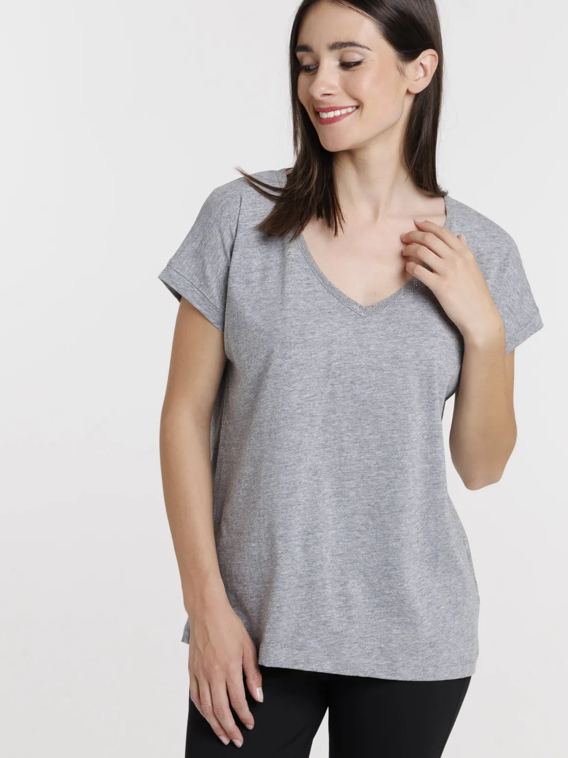 T-shirt col V strass femme