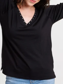 T-shirt col V studs noir femme