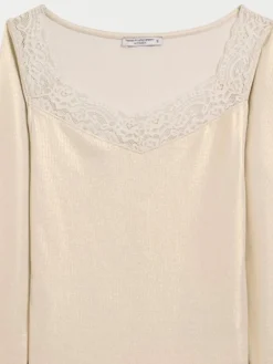 T-shirt écru col V dentelle femme
