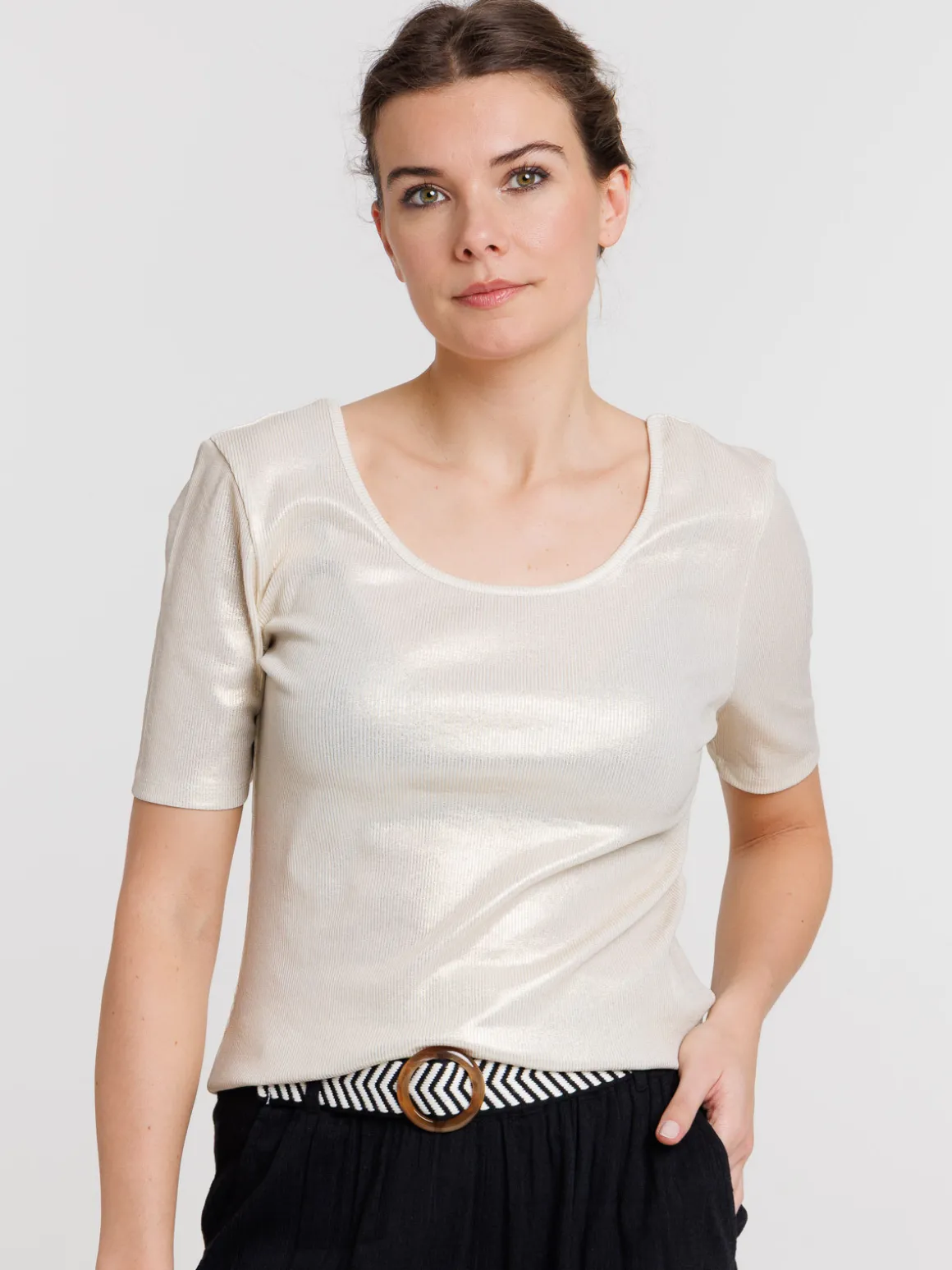 T-shirt côtelé coloris nacre femme