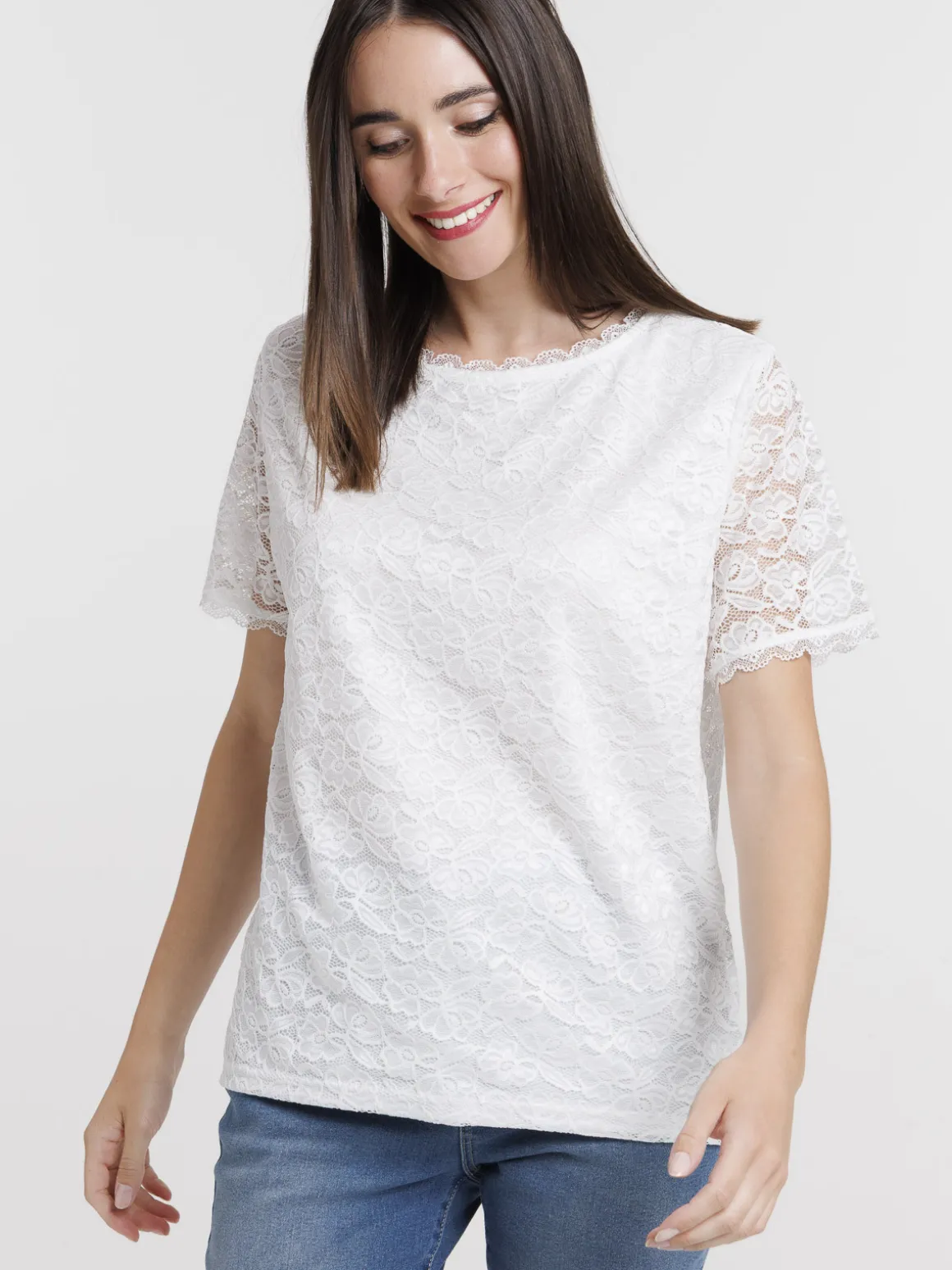T-shirt dentelle blanc cassé femme