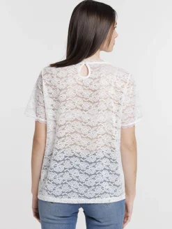 T-shirt dentelle blanc cassé femme