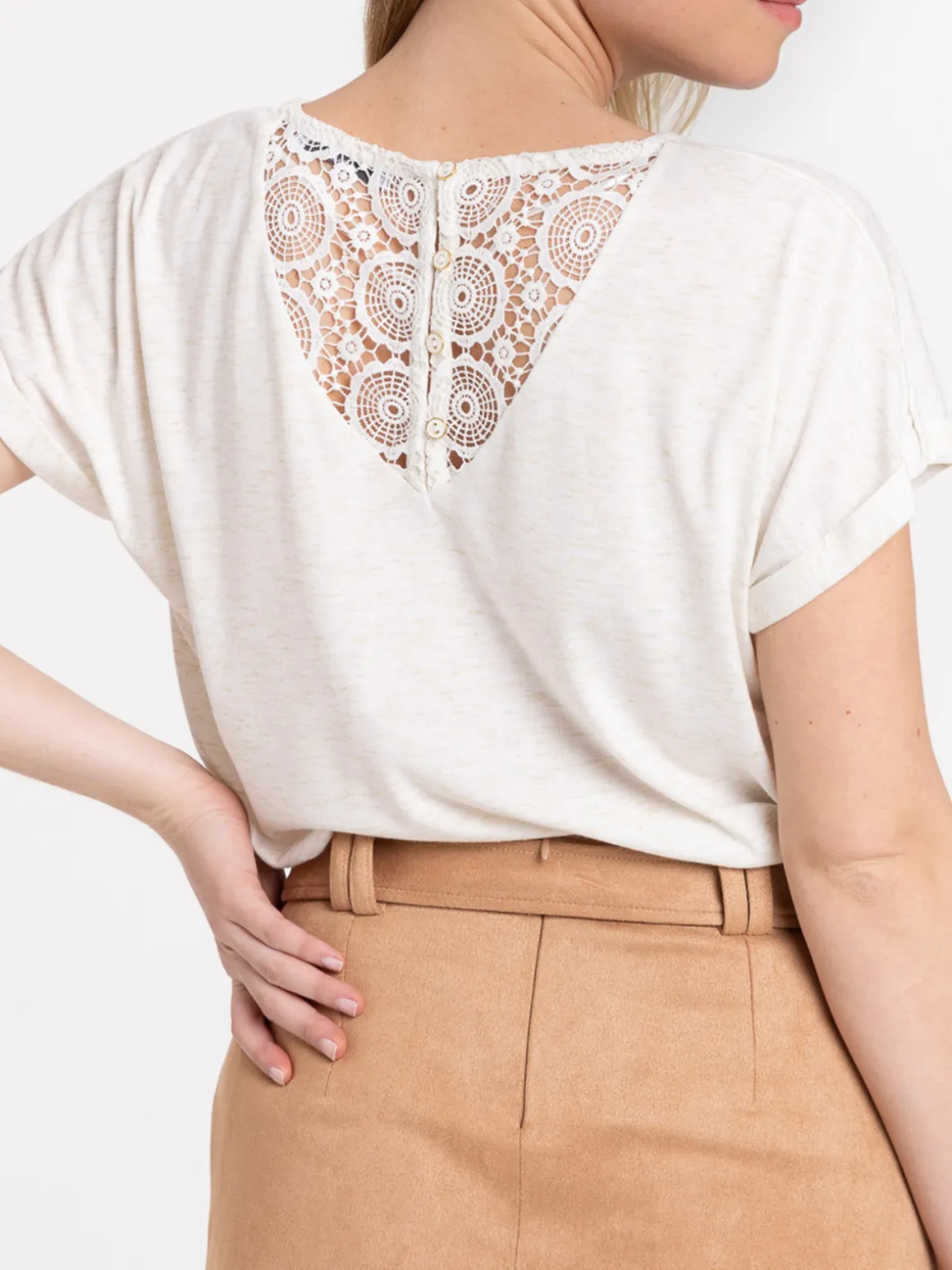 T-shirt dentelle macramé dos écru femme
