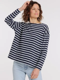 T-shirt marine navy rayé écru femme