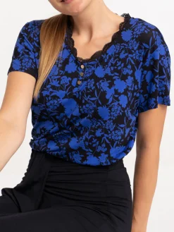 T-shirt noir imprimé fleuri femme