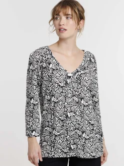 T-shirt noir imprimé végétal femme