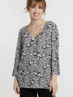 T-shirt noir imprimé végétal femme