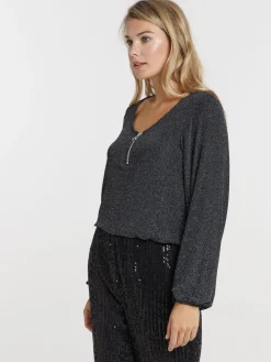T-shirt zippé noir manches longues femme
