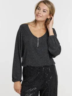 T-shirt zippé noir manches longues femme
