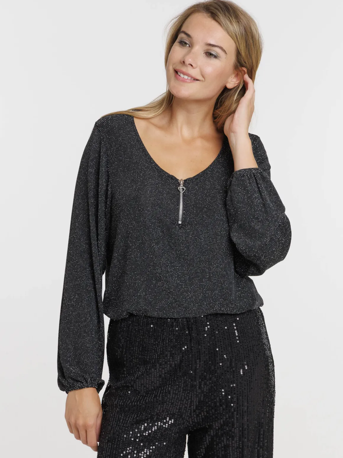 T-shirt zippé noir manches longues femme